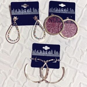 NWT Nicole Miller New York Earrings 3 pair hoop dangle post